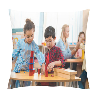 Personality  Selective Focus Of Kids Folding Educational Game With Teacher And Children At Background In Montessori School  Pillow Covers