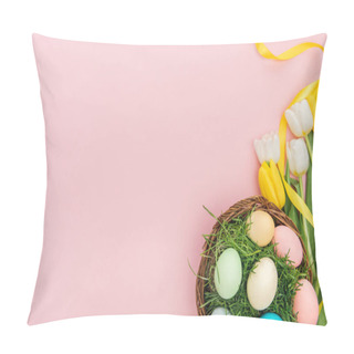 Personality  Top View Of Tulip Flowers And Easter Eggs In Wicker Plate Isolated On Pink  Pillow Covers