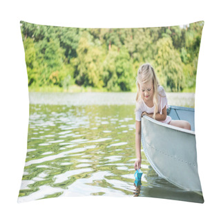 Personality  Happy Little Child Launching Paper Origami Boat While Floating In Boat On Lake Pillow Covers