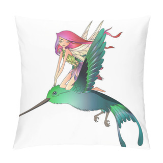 Personality  Cute Fairy With Pink Long Hair Flying A Colibri Pillow Covers