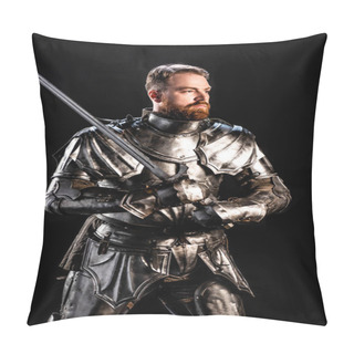 Personality  Handsome Knight In Armor Holding Sword Isolated On Black Pillow Covers