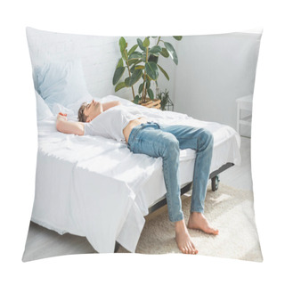 Personality  Handsome Man In T-shirt And Jeans Lying On Back On Bed In Bedroom  Pillow Covers