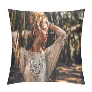 Personality  Fashion Boho Woman At Natural Tropical Background Pillow Covers