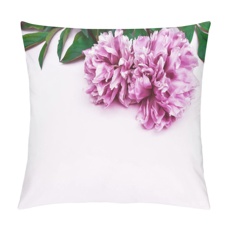 Personality  Composition Of Purple Peonies, Leaves On A White Background. Fresh Flowers. Advertising Floral Banner, Poster For Birthday, Valentines Day, Womens Day. Flat Lay, Top View, Close Up, Copy Space Pillow Covers