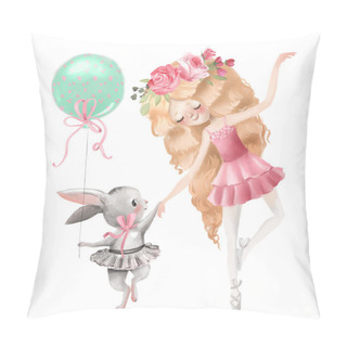 Personality  Cute Ballerina Girl With Floral Wreath And Bunny In Ballet Dresses With Balloon Holding Hands Pillow Covers