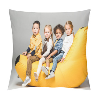 Personality  Adorable Multicultural Kids Sitting On Bin Bag Chair On Grey Pillow Covers