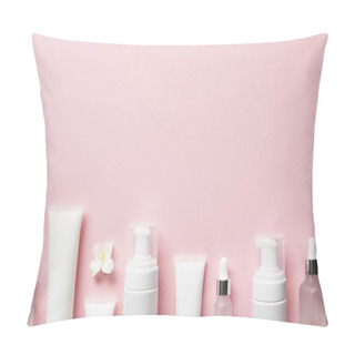 Personality  Top View Of Cosmetic Glass Bottles, Cream Tubes With Cream, Cosmetic Dispensers And Jasmine Flower On Pink  Pillow Covers