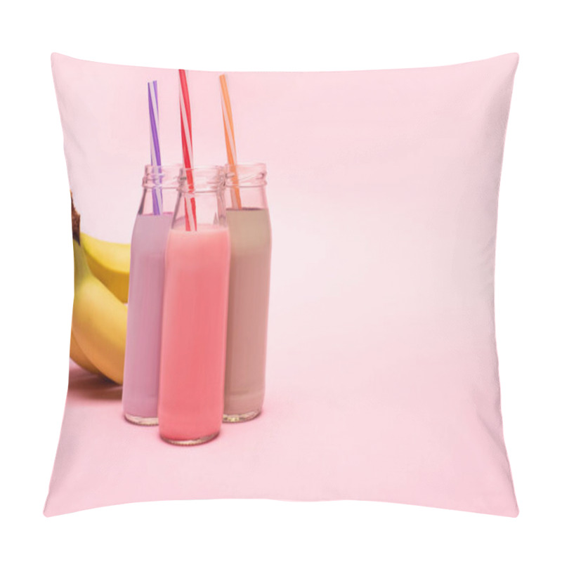 Personality  Bottles Of Berry, Strawberry And Chocolate Milkshakes With Drinking Straws Near Bananas On Pink Background Pillow Covers