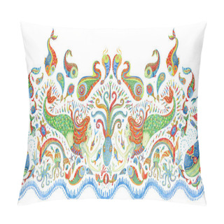 Personality  Seamless Border Pattern Of Hand Painted Fairy Tale Sea Animals And Mermaid. Watercolor Fantasy Fish, Octopus, Coral, Sea Shells, Bubbles On A White Background. Batik Fringe, Textile Print Pillow Covers