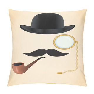 Personality  Retro Elements Set: Bowler, Moustache, Tobacco Pipe And Monocle Pillow Covers