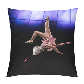 Personality  Attractive Aerial Acrobat Performing In Circus Near Blue Light  Pillow Covers