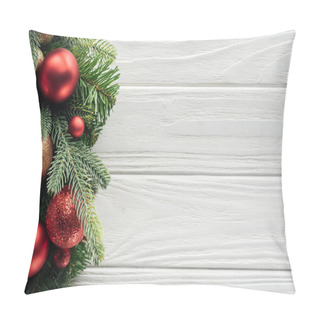 Personality  Top View Of Wreath With Red Christmas Toys On White Wooden Surface Pillow Covers