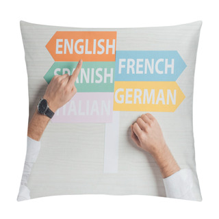 Personality  Cropped View Of Translator Pointing At Arrows With Languages Pillow Covers