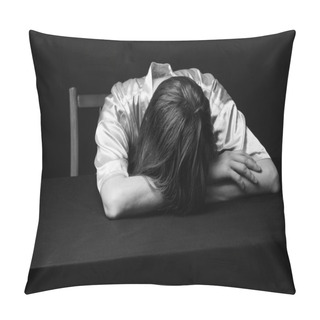 Personality  Despair. Woman Is Lying On The Table, Head On The Hands Pillow Covers
