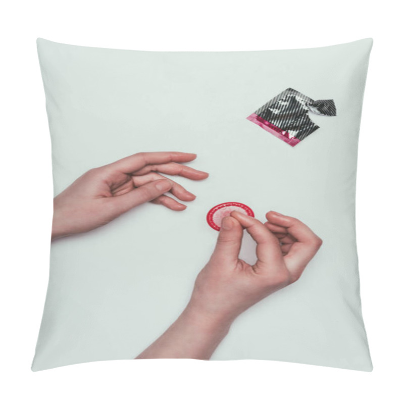 Personality  Partial View Of Woman Holding Opened Condom In Hands Isolated On Grey Pillow Covers