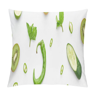 Personality  Panoramic Shot Of Fresh Cucumber, Kiwi, Lime, Peppers And Greenery  Pillow Covers