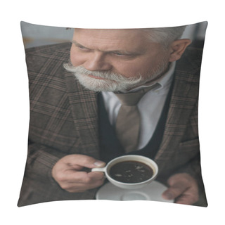 Personality  High Angle View Of Senior Man With Cup Of Coffee Pillow Covers