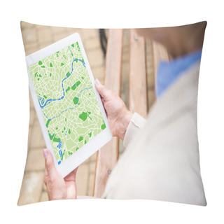Personality  Selective Focus Of Senior Woman Using Digital Tablet With Map On Screen Pillow Covers