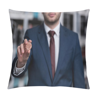 Personality  Cropped Shot Of Young Businessman Holding Bitcoin At Cryptocurrency Mining Farm Pillow Covers