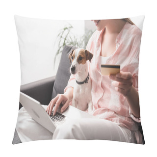 Personality  Cropped View Of Happy Woman Holding Credit Card Near Dog And Laptop While Online Shopping At Home Pillow Covers