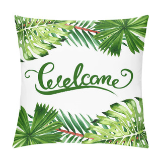 Personality Palm Beach Tree Leaves Jungle Botanical. Watercolor Background Illustration Set. Frame Border Ornament Square. Pillow Covers