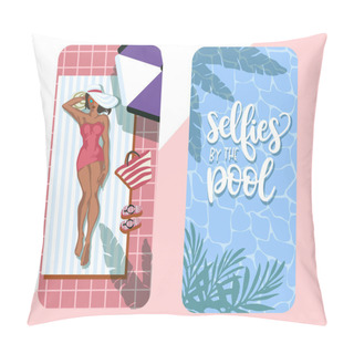 Personality   Concept Of Summer Vacations. Woman In A Hat By The Pool. Toys For Active Spend Time And Summer Vacations In The Pool. Cartoon Flat Vector Illustration Pillow Covers