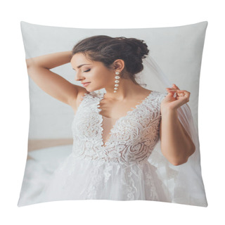 Personality  Young Bride With Closed Eyes In Lace Wedding Dress Touching Veil At Home  Pillow Covers