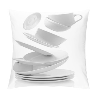 Personality  Clean Empty Plates And Cups Isolated On White  Pillow Covers