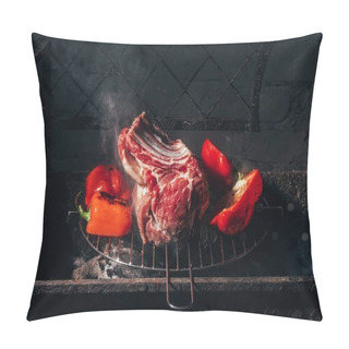 Personality  Close-up View Of Delicious Raw Meat With Ribs And Peppers Preparing On Grill Pillow Covers