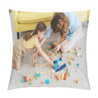 Personality  High Angle View Of Babysitter And Kid Playing With Multicolored Blocks And Toy Car On Floor Pillow Covers