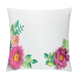 Personality  Top View Of Pink Paper Flowers And Green Plants With Leaves On Grey Background Pillow Covers