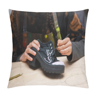 Personality  Cropped View Of African American Craftswoman Painting On Shoe On Sewing Pattern In Workshop  Pillow Covers