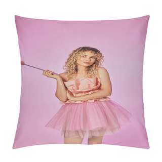 Personality  Joyous Pretty Woman In Pink Outfit Of Tooth Fairy Holding Magic Wand With Slightly Crossed Arms Pillow Covers