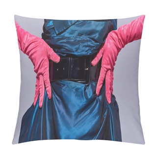 Personality  Cropped View Of Fashionable Young Woman In Cocktail Dress And Pink Gloves Touching Hips While Posing Isolated On Grey, Modern Generation Z Fashion Concept, Details, Close Up  Pillow Covers