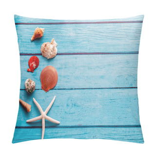 Personality  Starfish And Many Seashells On Blue Wood Textured Background Pillow Covers