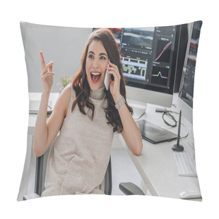 Personality  Excited Art Editor Talking On Smartphone Near Computer Monitors  Pillow Covers