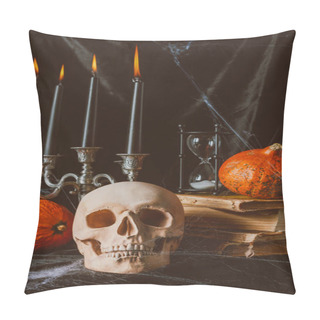 Personality  Skull, Hourglass, Pumpkins, Ancient Books And Candelabrum With Candles On Black Cloth Pillow Covers