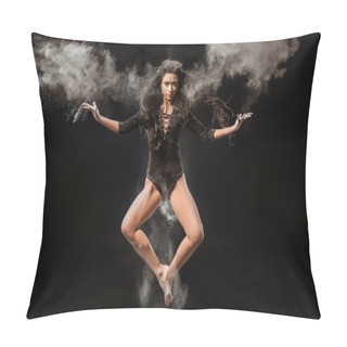 Personality  Beautiful Ballerina In Black Bodysuit Jumping On Dark Background With Talc Powder Around Pillow Covers