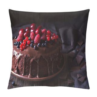 Personality  Traditional Homemade Chocolate Cake Sweet Pastry Dessert With Brown Icing, Cherries, Raspberry, Currant On Vintage Wooden Background. Pillow Covers