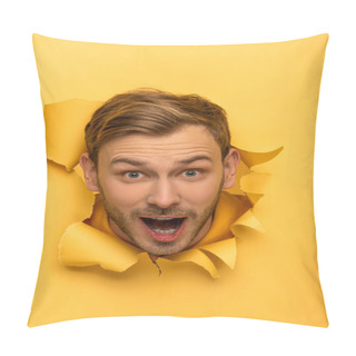 Personality  Excited Handsome Man With Head In Yellow Paper Hole  Pillow Covers