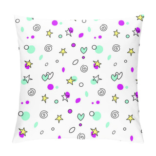 Personality  Seamless Pattern Of Simple Vector Outline Bright Elements Stars Hearts Points Circles Rounds Rings Spirals Helixes On White Background. For Greeting Cards, Wrapping Paper, Birthday, Fabric, Textile, Web. Pillow Covers
