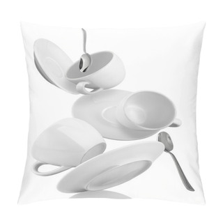 Personality  Falling Cups And Saucers With Spoons Isolated On White Pillow Covers
