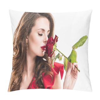 Personality  Stylish Girl Sniffing Rose With Closed Eyes Isolated On White, Valentines Day Concept   Pillow Covers