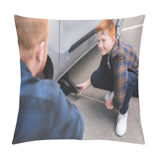 Personality  Son Lifting Car With Floor Jack For Changing Tire And Looking At Father Pillow Covers