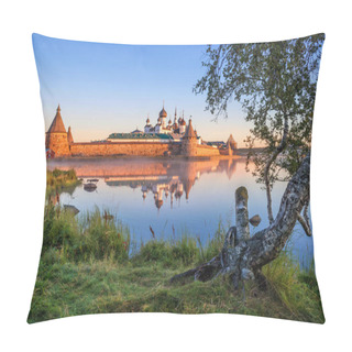Personality  Mirror Reflections Of The Solovetsky Monastery In The Calm Water Of The Holy Lake On The Solovetsky Islands In The Light Of The Dawn Sun And A Birch On The Shore Pillow Covers