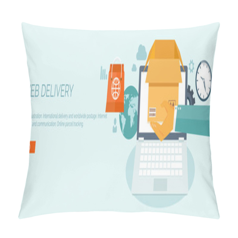 Personality  Vector Illustration. Flat Header. International Delivery And Worldwide Postage. Online Shopping And Internet Store. Pillow Covers