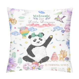 Personality  Happy Birthday Card Design With Cute Panda Bear And Boho Flowers And Floral Bouquets Illustration. Watercolor Clip Art For Greeting Card. Invite Poscard, Beauty Animal. Text For Celebration Pillow Covers