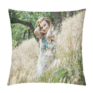 Personality  Beautiful Young Caucasian Brunette Holds Hair In Nature Pillow Covers