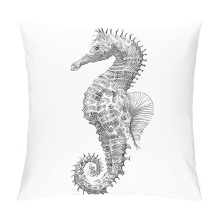 Personality  Seahorse Sketch Hand Drawn Engraving Style Underwater Animals Vector Illustration. Pillow Covers