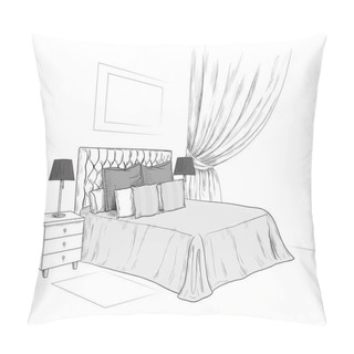 Personality   Bedroom . Bed With Soft Headboard And Pillows, Bedside Tables With A Lamps. Hand-drawn Vector Illustration In Vintage Style. Interior Monochrome Sketch.  Pillow Covers